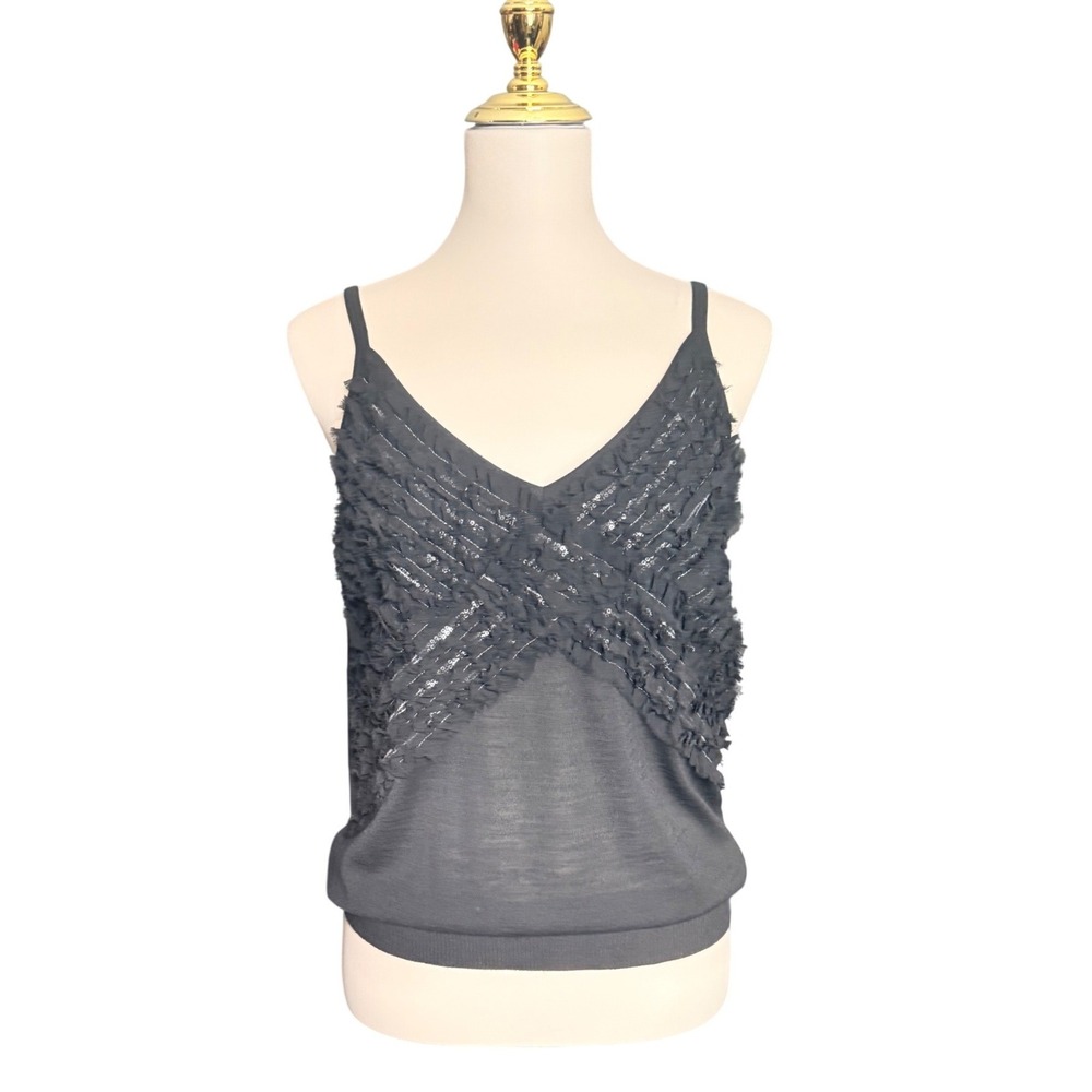 St. John Womens Black Wool Blend Sequin‎ Fringe Knit Camisole Top Size M